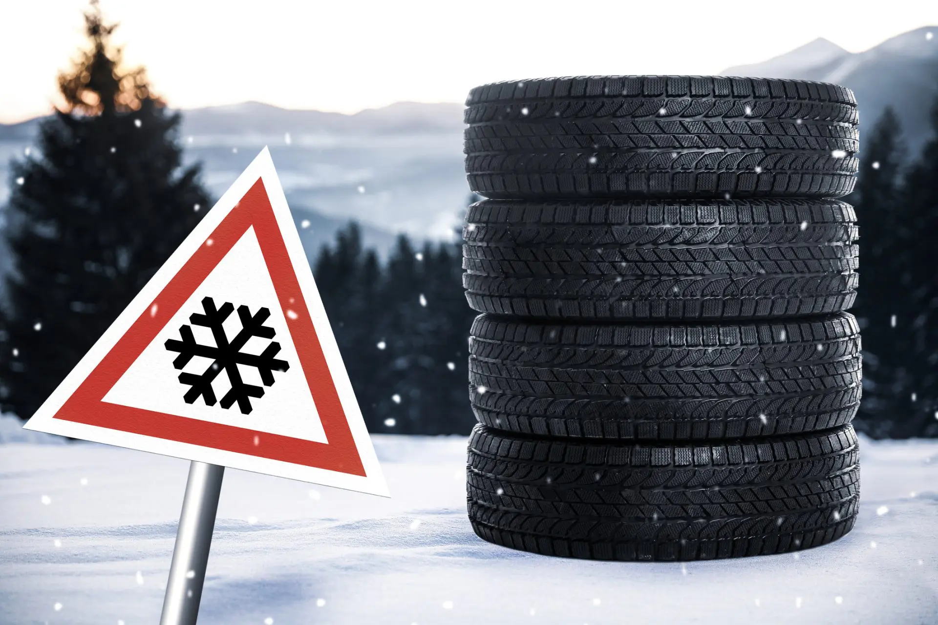 Ensemble de pneus d’hiver et signe de route à l’extérieur