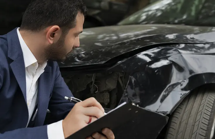 Homme qui regarde un véhicule après un accident avec un cahier à la main pour noter les dégâts