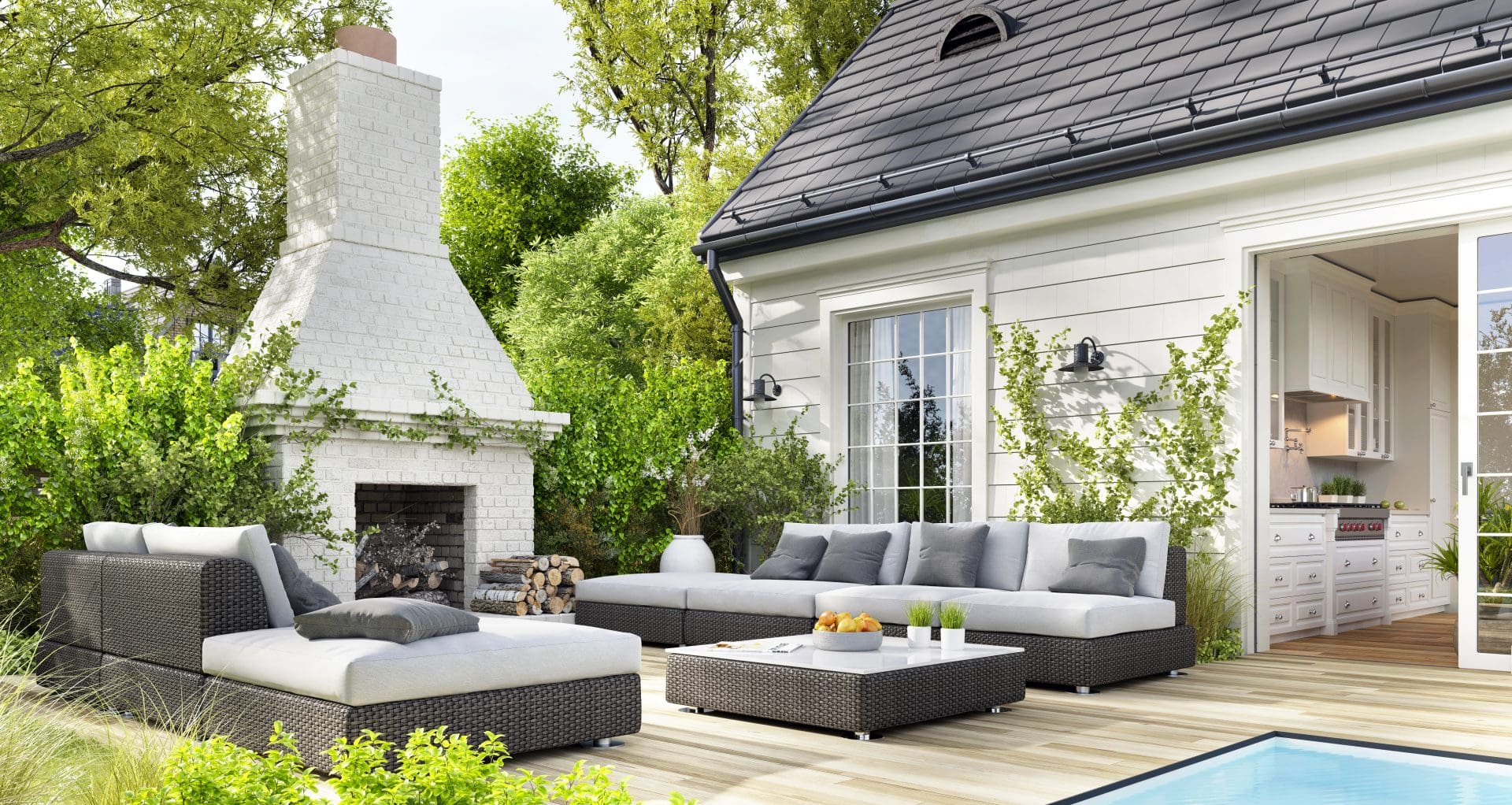 un salon de jardin avec un barbecue 