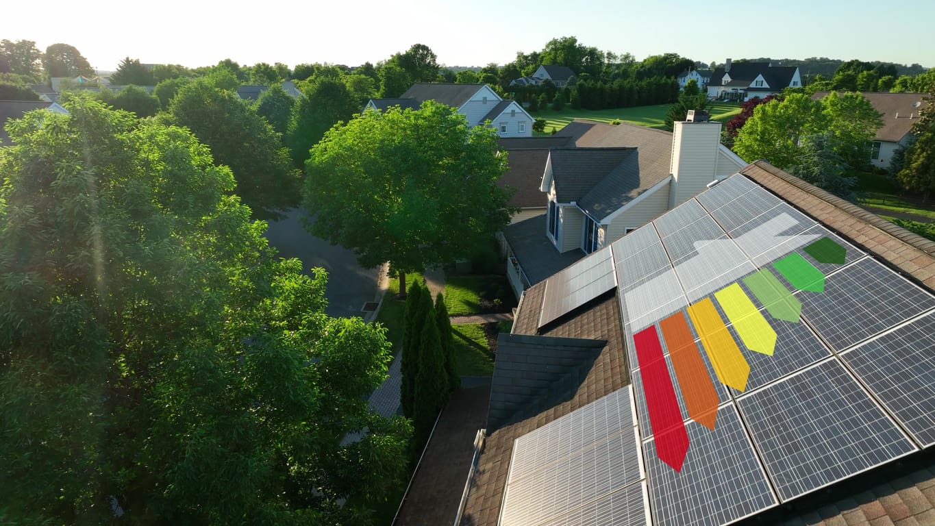 Lotissement avec des maisons, avec une vue sur des panneaux solaires avec un DPE dessus
