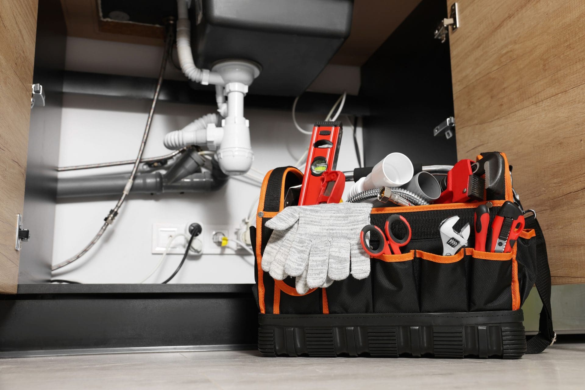 Canalisations avec une boîte à outils à côté