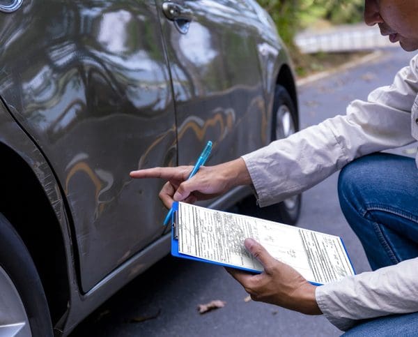 Agent d’assurance écrivant sur le presse-papiers tout en examinant la voiture après réclamation d’accident étant évaluée et traitée. L’homme d’assurance vérifient des dommages sur la voiture latérale de porte après accident