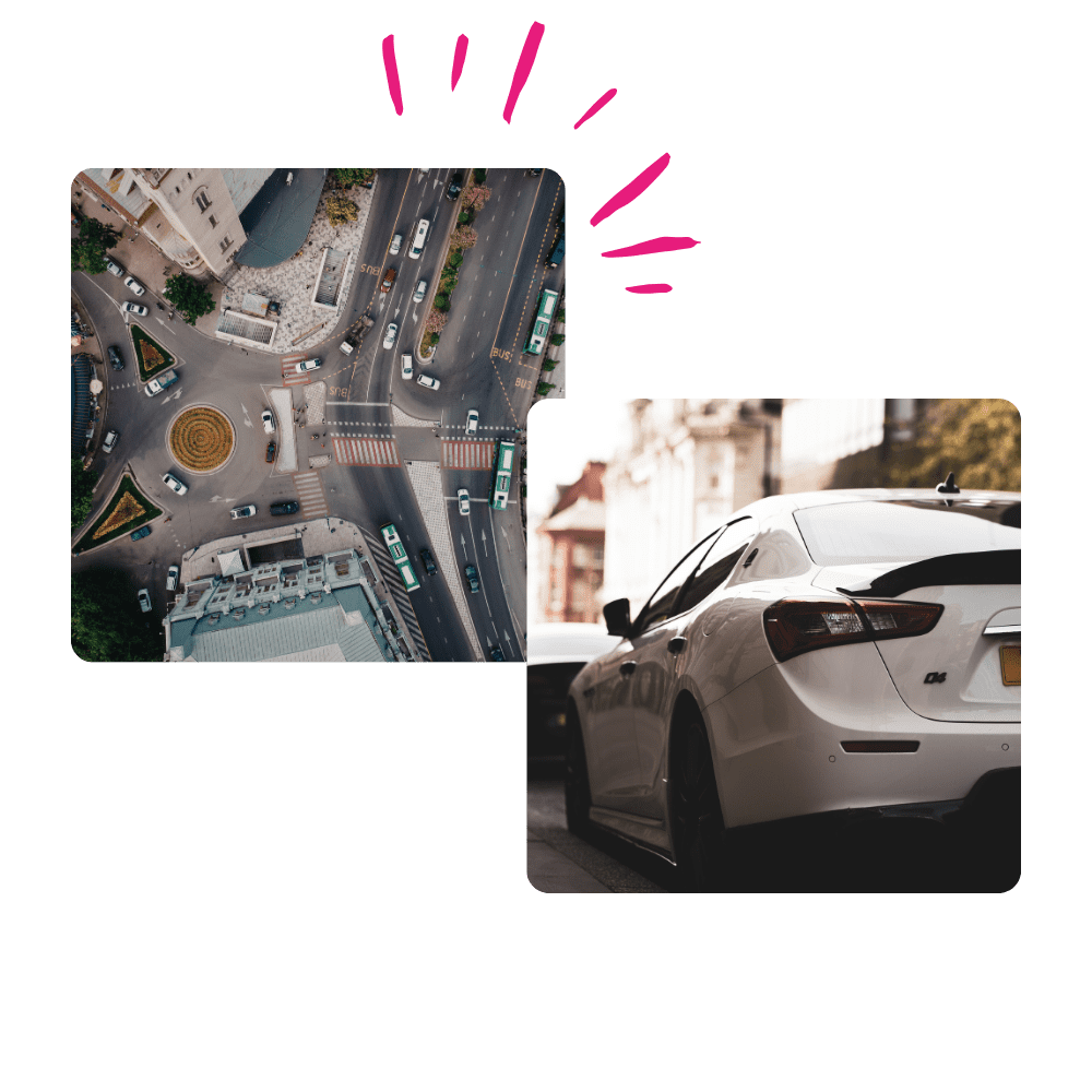 Montage photo d'une ville et d'une voiture puissante
