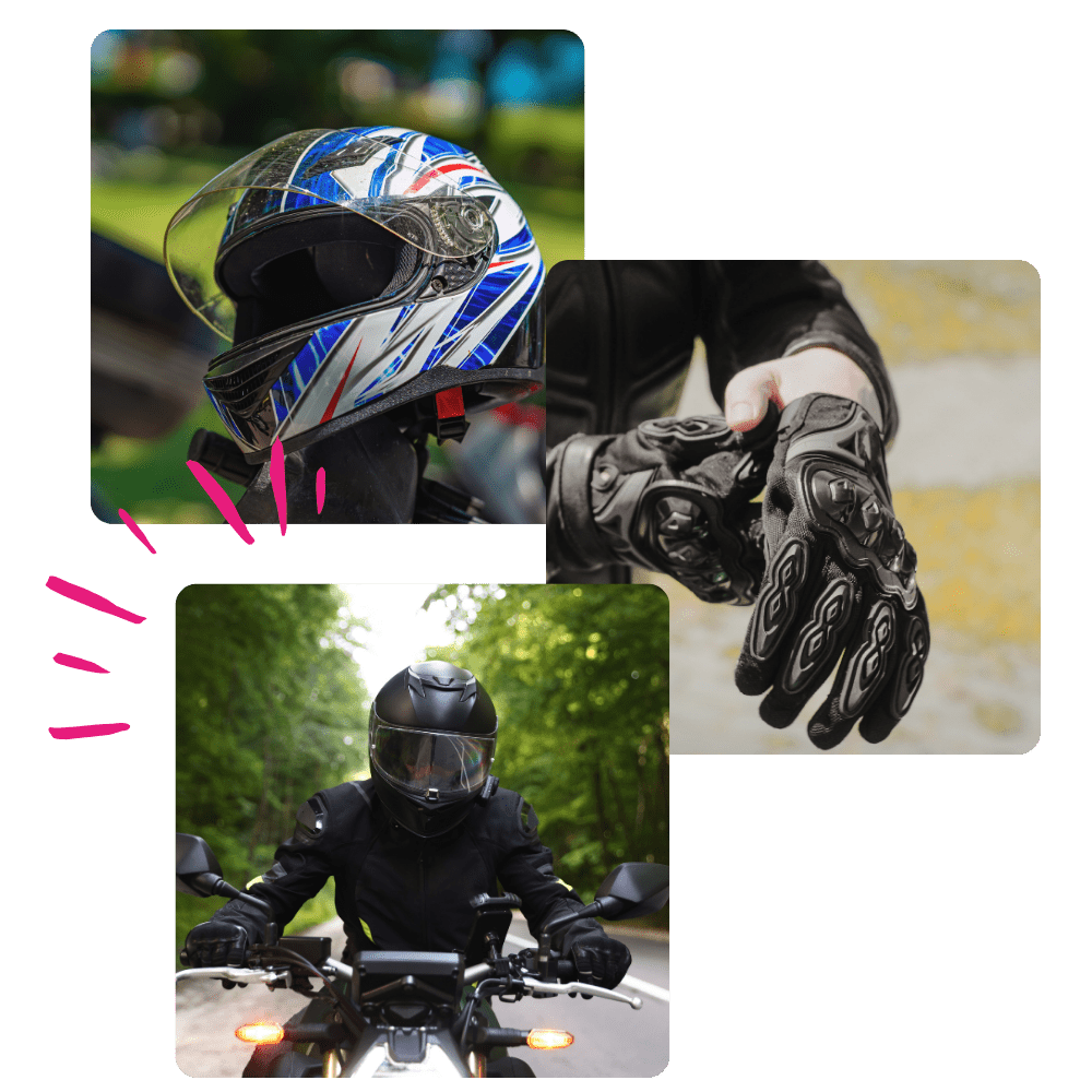 Montage de 3 photos présentant les équipements de moto