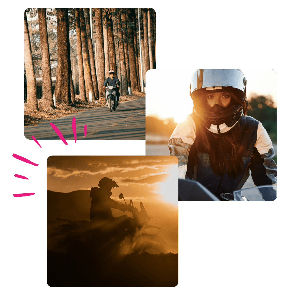 Mock-up de 3 photos avec une mise en avant du soleil et de la moto